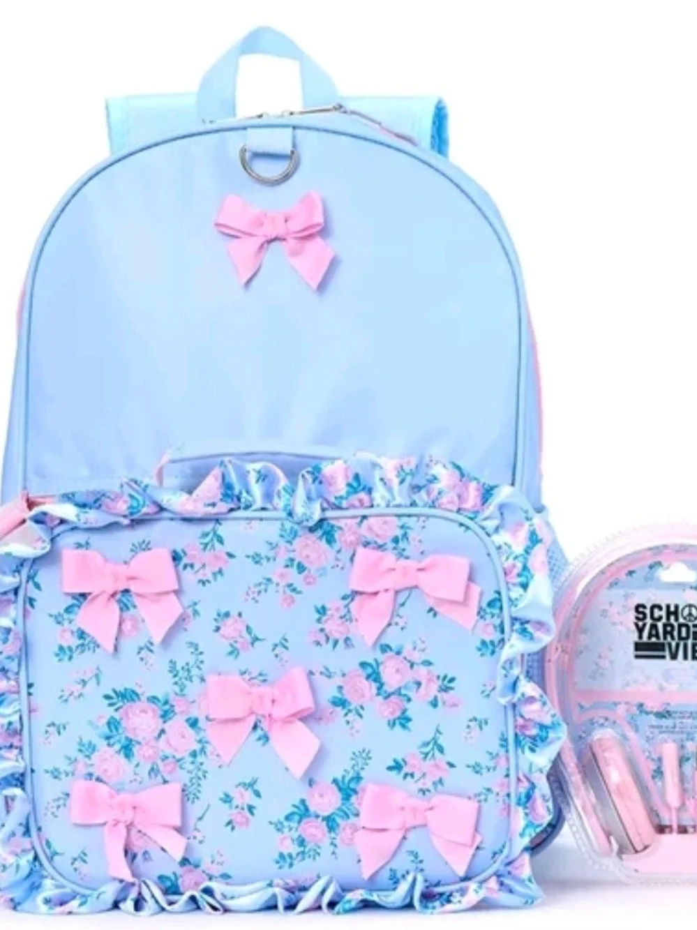 Kids Floral Bow Backpack - Light Blue with Pink Bows